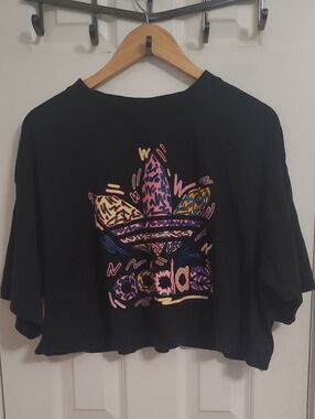 adidas Black Cropped Tee with Neon Graphic Trefoil